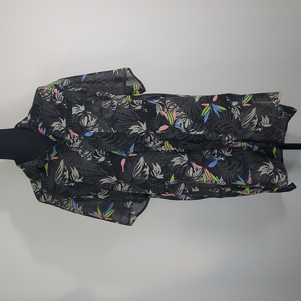 Eleven22 Black Tropical Print Sheer Chiffon Long Button Up Swim Cover Size Small